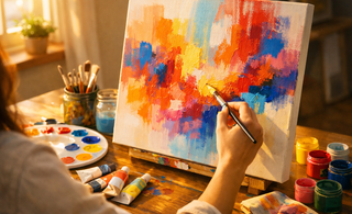 Beginner painting on canvas using acrylic paints with brushes and palette in a bright art workspace