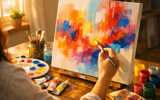 Beginner painting on canvas using acrylic paints with brushes and palette in a bright art workspace