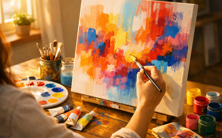 Beginner painting on canvas using acrylic paints with brushes and palette in a bright art workspace